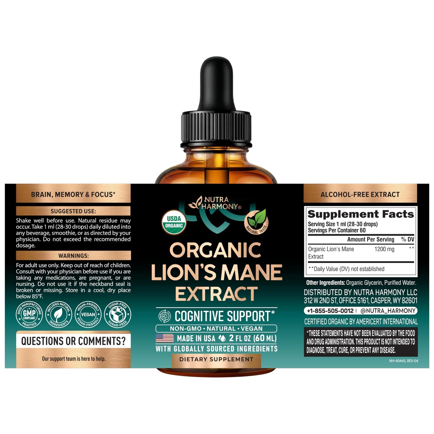 Lions Mane Liquid - USDA Organic Lions Mane Supplement 72,000 mg - 2 Oz | Lion's Mane Mushroom Extract - Brain Support, Energy, Memory & Focus - Sugar & Alcohol-Free - Tincture for Women & Men
