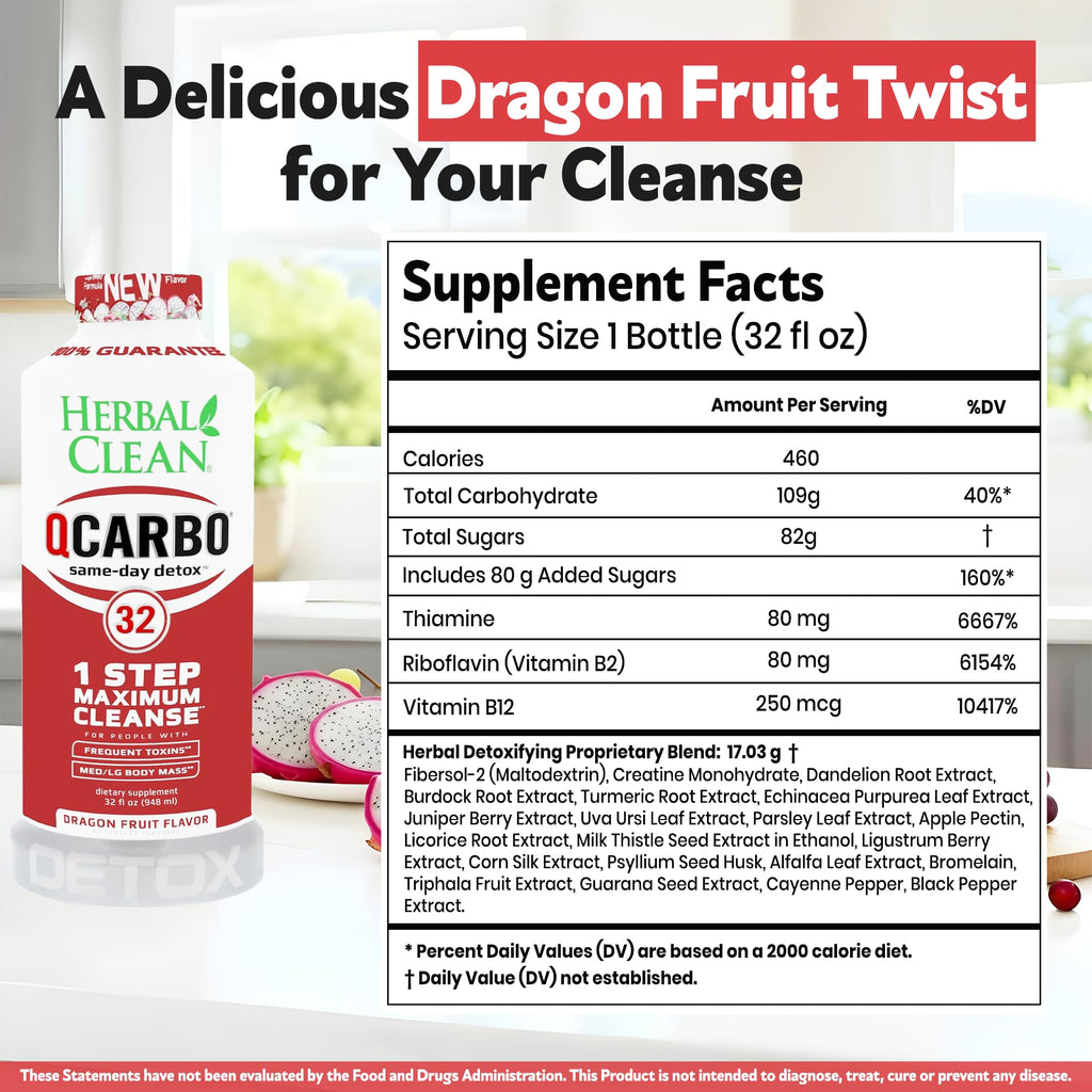 Herbal Clean Qcarbo32 Same-Day Detox Cleanse Drink (32 fl oz) - Dragon Flavor Full Body Cleanse* Detox Drink for Frequent Toxin Level*, Vitamin B2 and Vitamin B12 for Men & Women