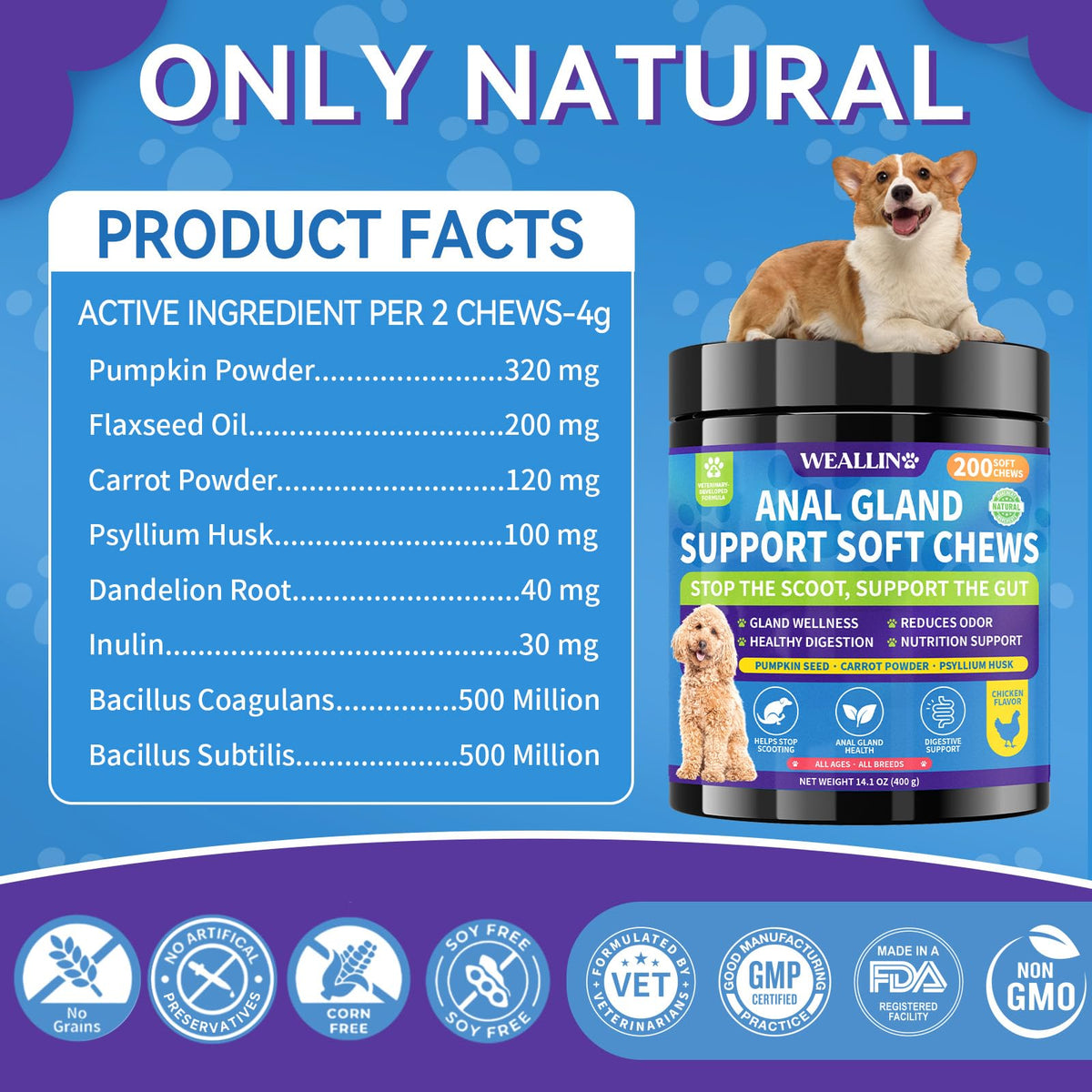 Anal Gland Chews for Dogs, No Scoot for Dogs, Pumpkin Fiber, 200 Soft Chews