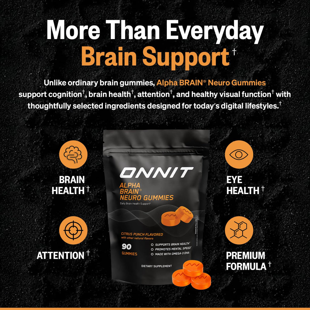 ONNIT Alpha Brain Neuro Focus Gummies, Omega-3 Brain & Eye Support, 90 Ct | IGEN Non-GMO Tested vegan gummies; Omega-3s, Lutein, Zeaxanthin & caffeine; brain, eye & focus support for men & women
