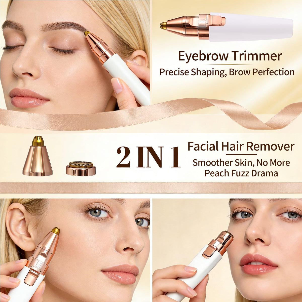 Facial Hair Removal for Women,2 in 1 Electric Hair Removal Device for Chin Upper Lip Peach Fuzz & Rechargeable Eyebrow Trimmer with LED Light for Precise Shaping