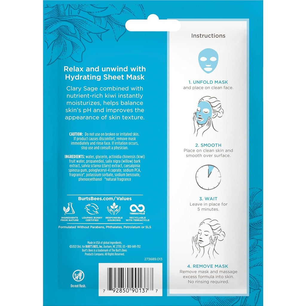 Buy now Burt's Bees Hydrating Face Mask with Clary Sage, Single Use Sheet Mask, 6 Count (Package May Vary) at indiglob india