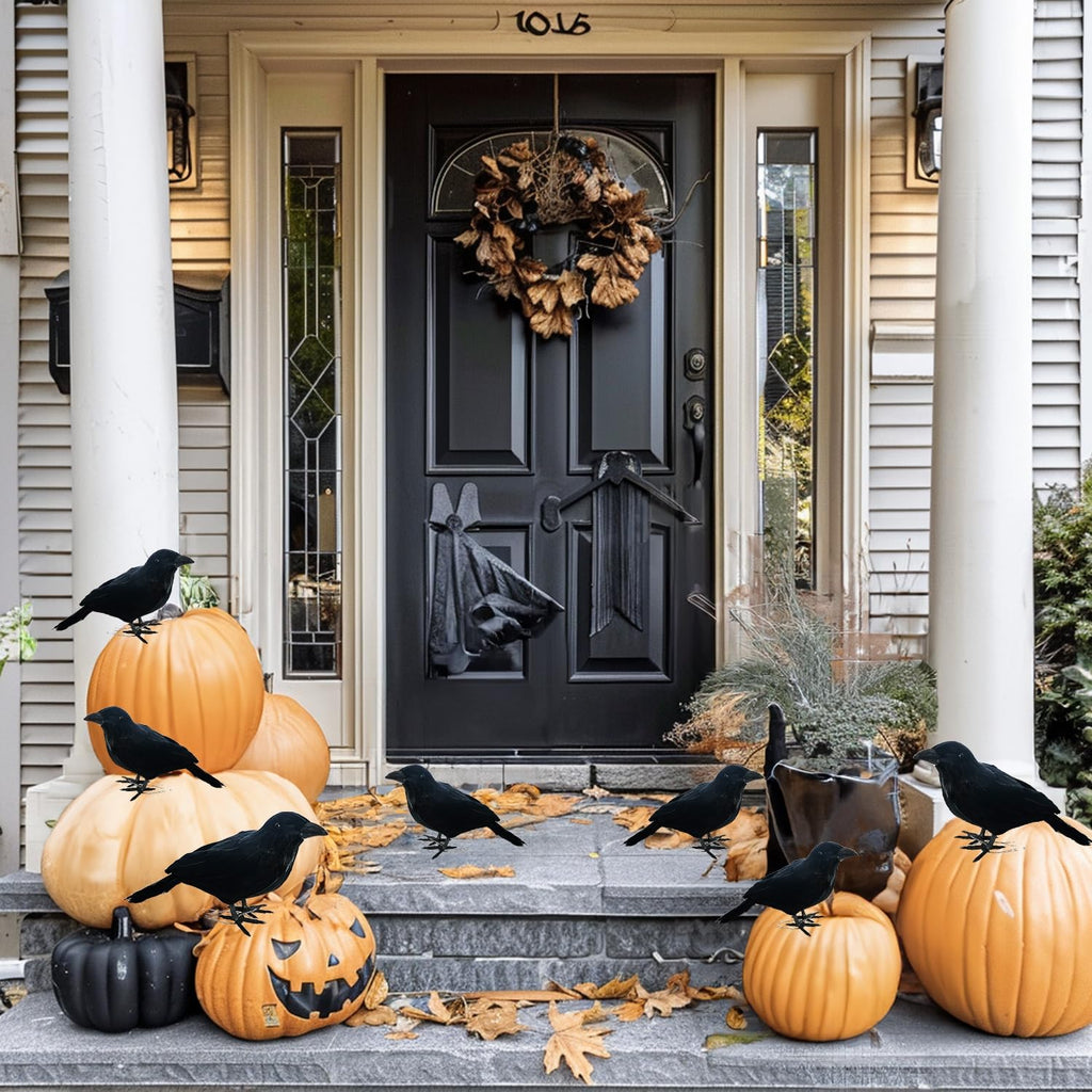 NEROSUN 6 Pack Halloween Black Feathered Crows, 5.7" & 8.7" Realistic Feathered Black Birds Raven, Halloween Decoration for Indoor Outdoor Home Yard Garden Party Decor