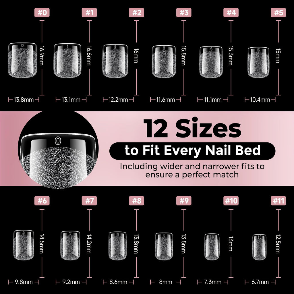 Luckyfairy Extra Short Square Fake Nails, Soft Gel Pre-Shaped Acrylic XS Short Square Nail Tips, Half Matte Full Cover Clear Press on Flase Nail Tips for Nail Extension Home DIY 240pcs/12 Sizes
