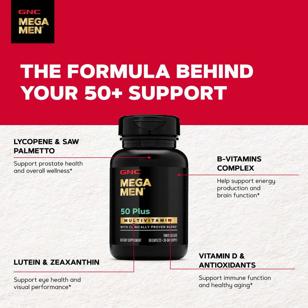 GNC Mega Men 50 Plus Multivitamin for Men | Antioxidants | Heart Health | Prostate and Circulatory Support | 120 Count | Clinically Studied Antioxidant Formula Supports Heart Health, Prostate Health, and Protection Against Free Radicals