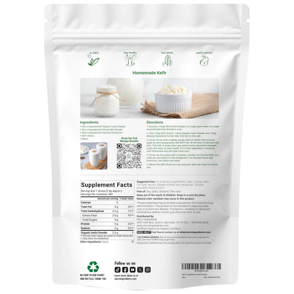Micro Ingredients Organic Inulin FOS Fiber Powder, 2.2 lbs | Quick Water-Soluble Prebiotic | Natural Fiber for Smoothies & Drinks | Vegan Friendly, Dissolves Clear