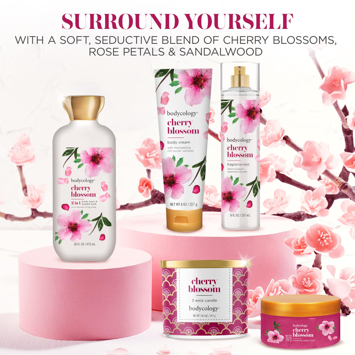 Enhance your senses with Bodycology's Cherry Blossom collection, featuring body creams and fragrances in elegant packaging.
