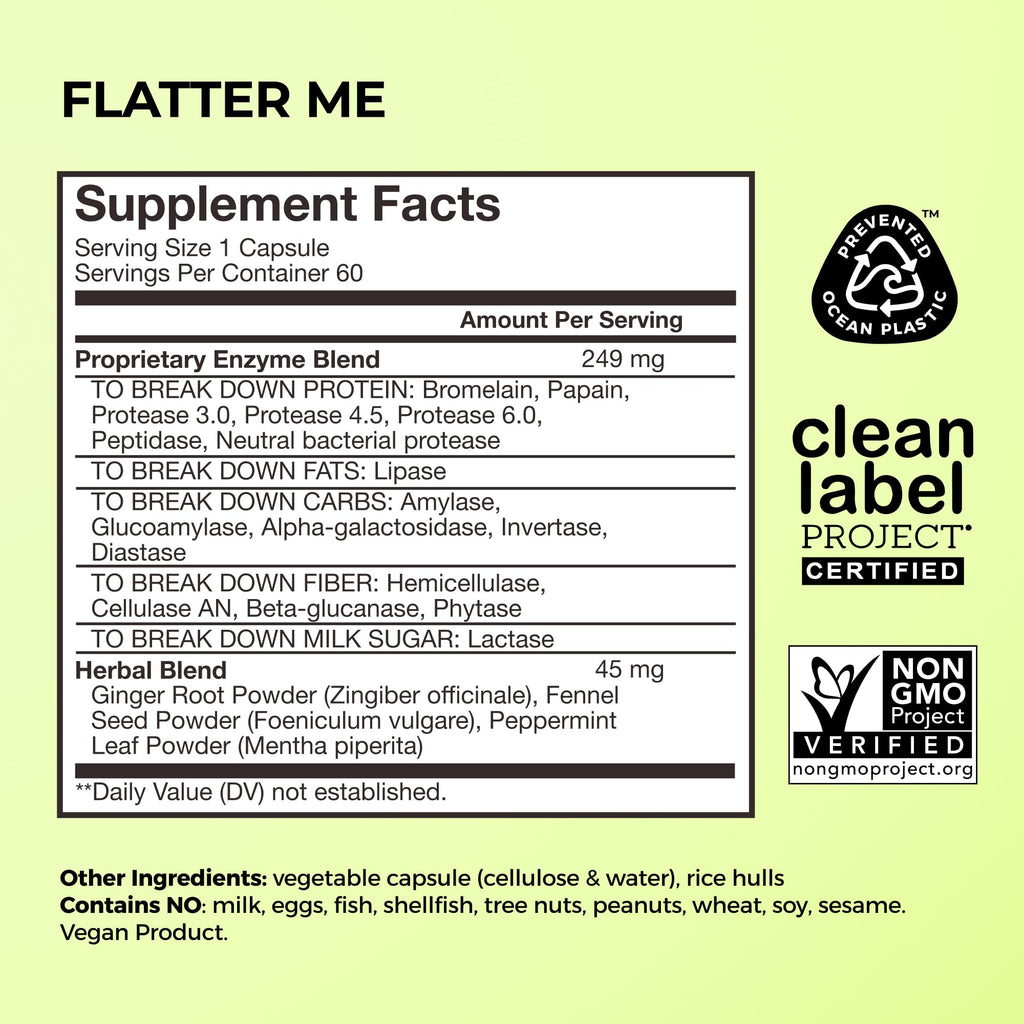 HUM Flatter Me Digestive Enzymes, Digestion & Bloating Support, 60 Count | 18 Digestive Enzymes, Ginger, Peppermint & Fennel, Women & Men, Vegan, Non-GMO, 60 Capsules