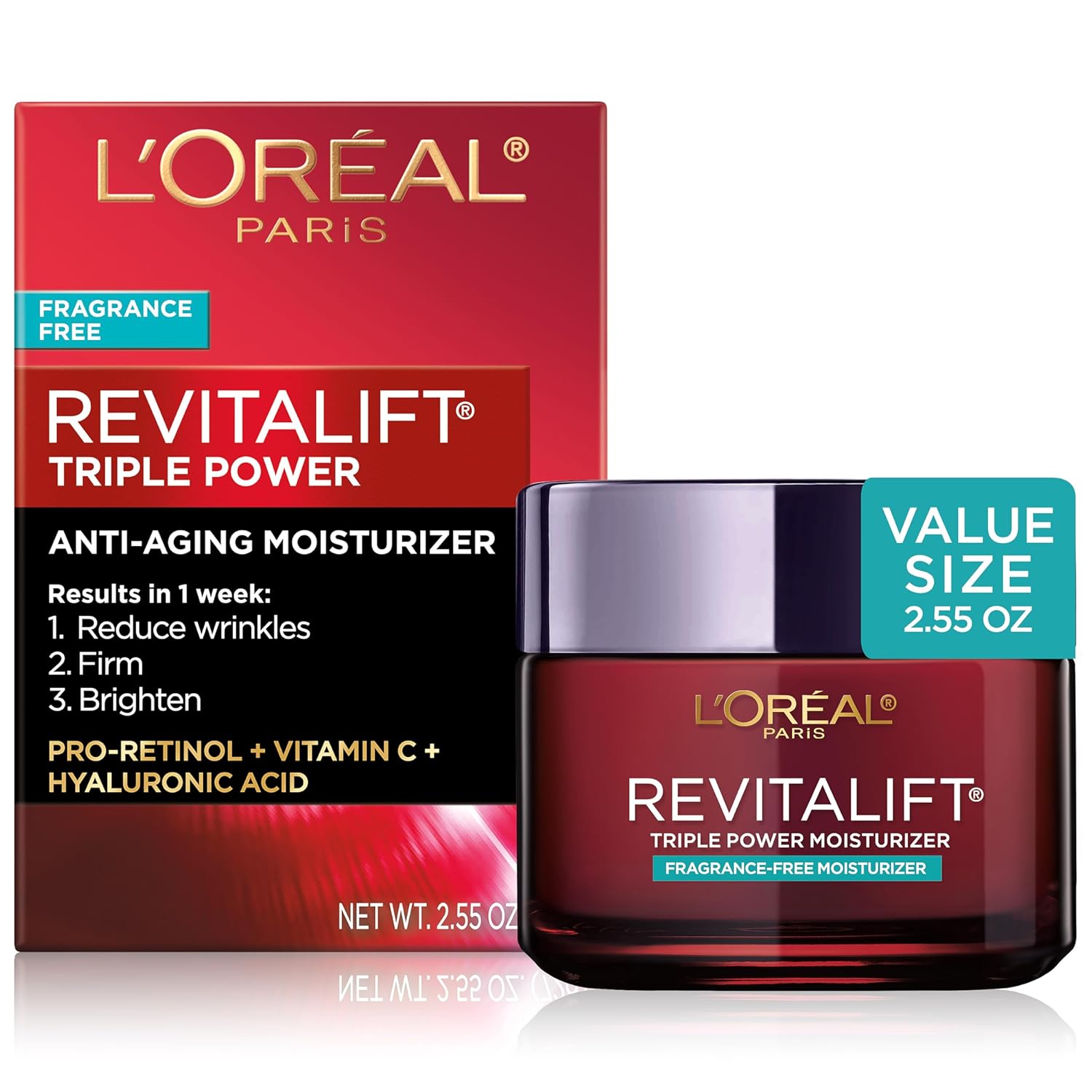 Buy now L'Oreal Paris Revitalift Triple Power Anti-Aging Face Moisturizer, Pro Retinol, Hyaluronic Acid & Vitamin C to Reduce Wrinkles, Firm & Brighten Skin, 1.7 Oz Fragrance Free 2.55 Ounce (Pack of 1) at indiglob india