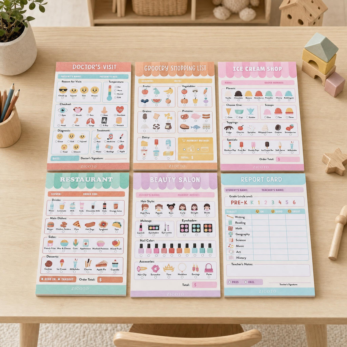 Fun Pretend Play Notepads Kids Love - Set of 6 Themed Pads for Role Play