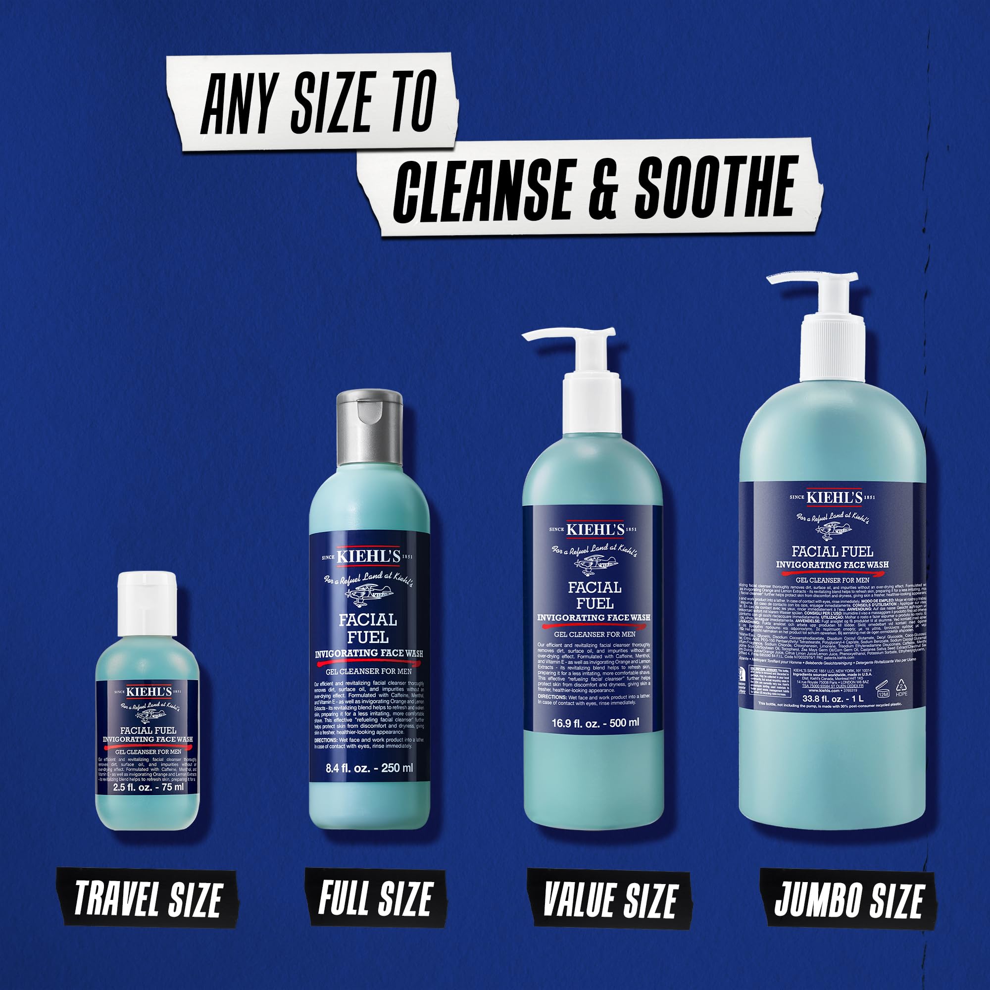 Kiehl's - Facial Fuel Men's Energizing Face Wash | Refreshing, Foaming Gel Cleanser Cleanses Skin Without Drying - With Caffeine & Menthol - Suitable for All Skin Types