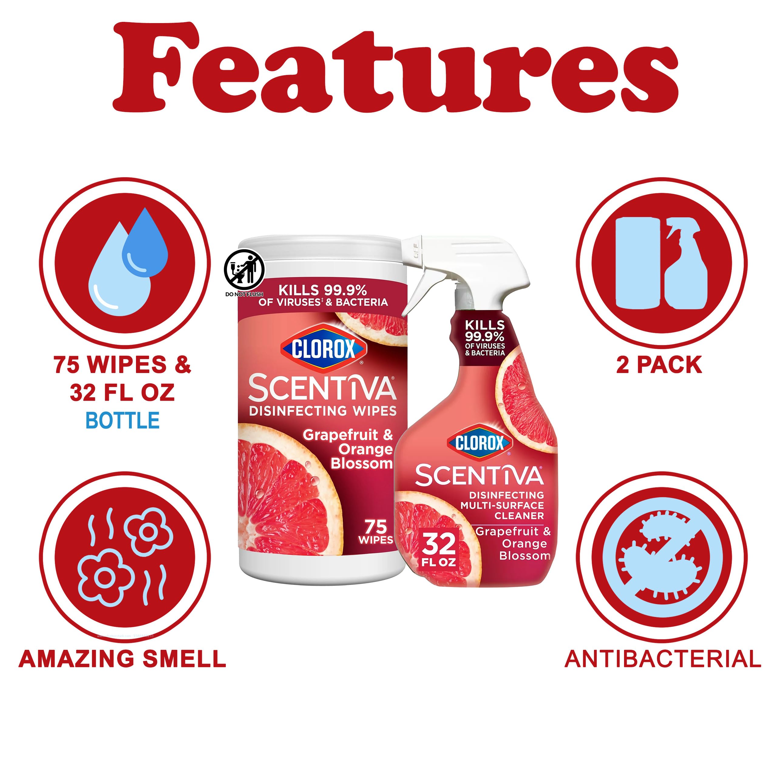 Buy now Clorox Scentiva Disinfecting Multi-Surface Cleaner Spray 32 Ounce & Disinfecting Wipes-75 Count, Tahitian Grapefruit Splash Scent Bundle at indiglob india