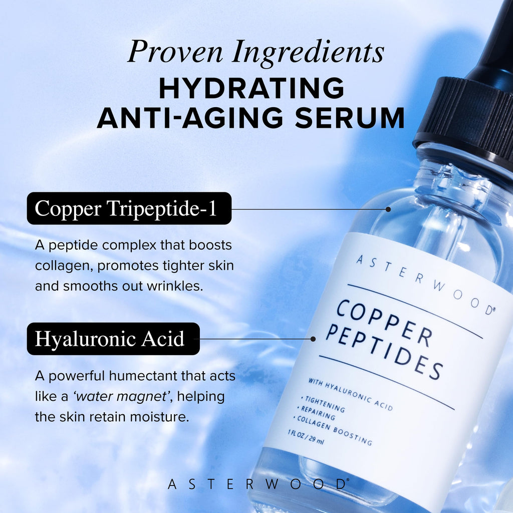Asterwood Copper Peptides Serum for Face, GHK-Cu Peptide w/Hyaluronic Acid | Topical GHK-Cu with HA, Anti-Aging, Hydrating & Collagen Boosting, Cruelty-Free, 1 Fl Oz