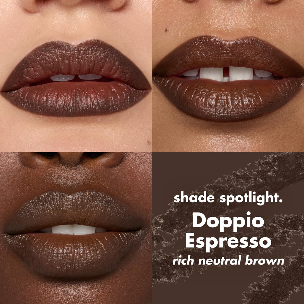 Close-up of lips showcasing e.l.f. Cream Glide Lip Liner in Doppio Espresso, a rich neutral brown. Verified by CuratCart.