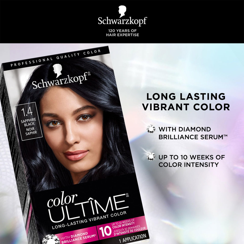 Schwarzkopf Color Ultime 1.4 Sapphire Black Hair Dye, Permanent Intense Black with Diamond Brilliance, Fade-Resistant, Covers Grays, All Hair Textures (Pack of 2)