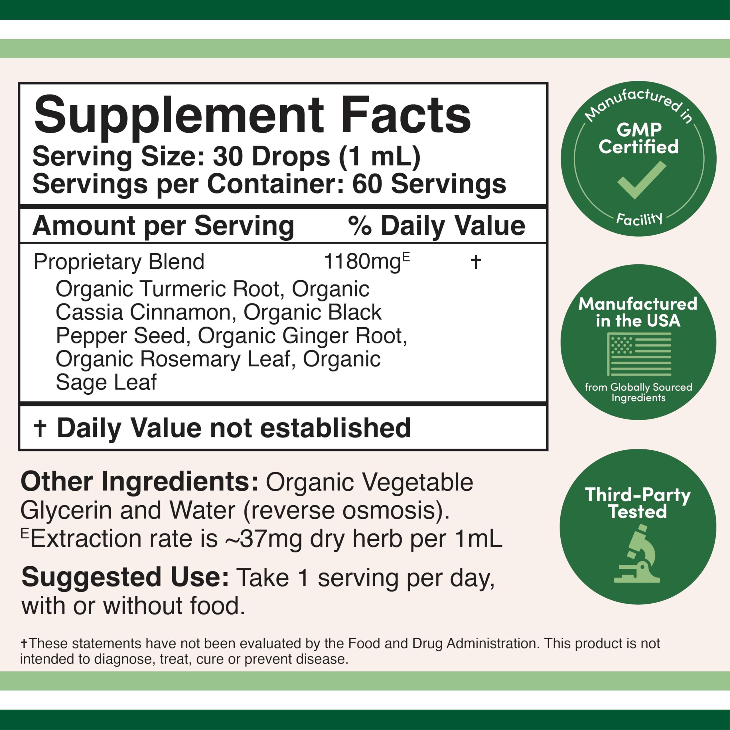 Organic Turmeric Curcumin Drops, Black Pepper + Ginger, Joint Support, 2 oz | Joint Comfort Liquid Supplement, Alcohol-Free, Black Pepper (Piperine) for Absorption, Ginger, USDA-Organic, 60 Servings
