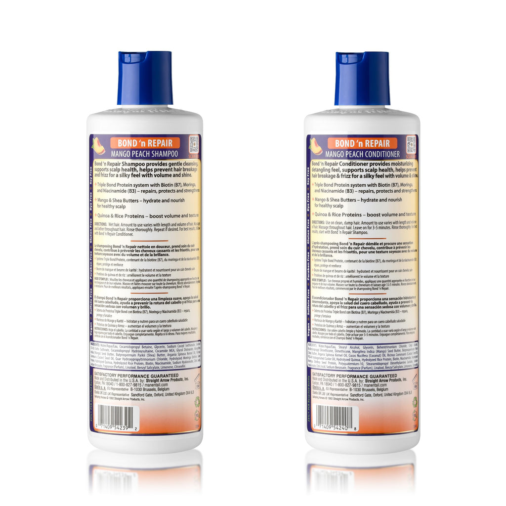 Mane ’n Tail Bond ’n Repair Shampoo & Conditioner Set, Sulfate-Free Strengthening Hair Care System, Anti-Breakage & Frizz Control, Triple Bond Repair with Moringa, Mango Peach 11.2 fl oz 2-Pack