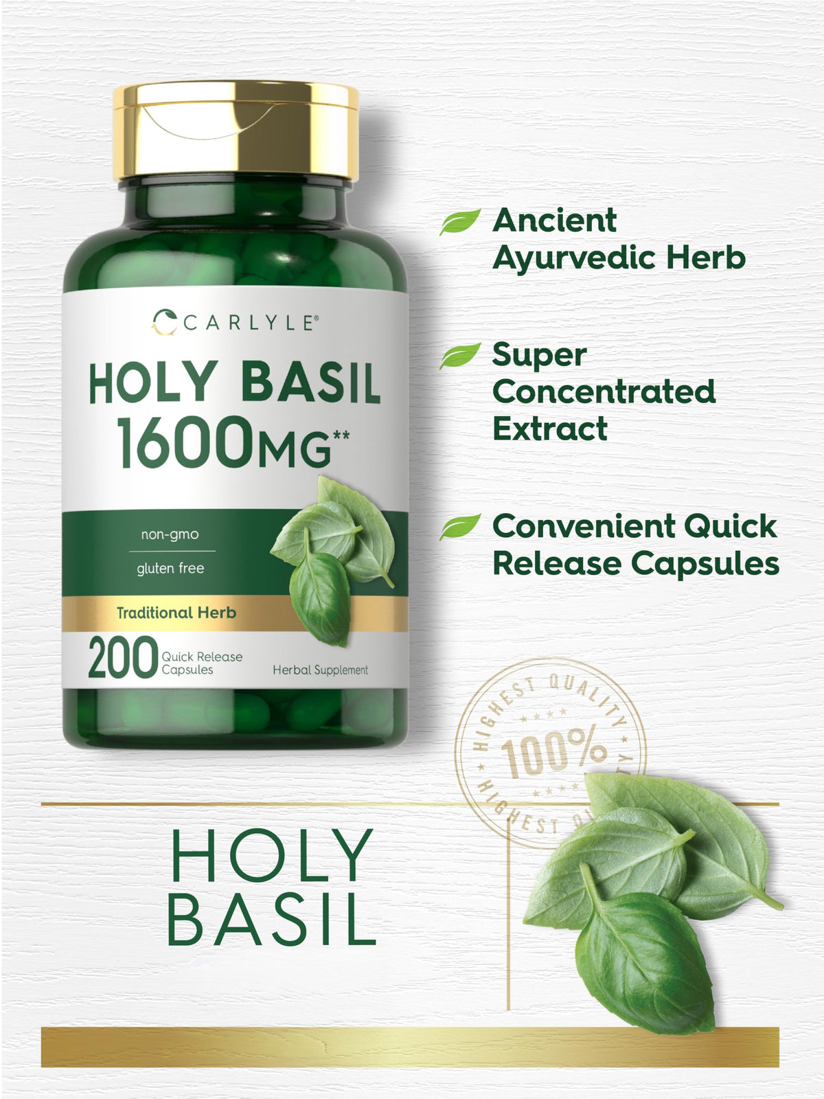 Carlyle Holy Basil Capsules | 200 Count | Tulsi Holy Basil Leaf Extract