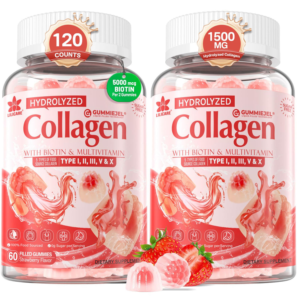2Pack Sugar-Free Hydrolyzed Collagen Peptide Filled Gummies for Women & Men, with 1500mg Protein Type I,II,III,V,X, 5000mcg Biotin Vitamin C A E D3 B6 B12 for Immune Digestion Skin Hair Nails, Bone