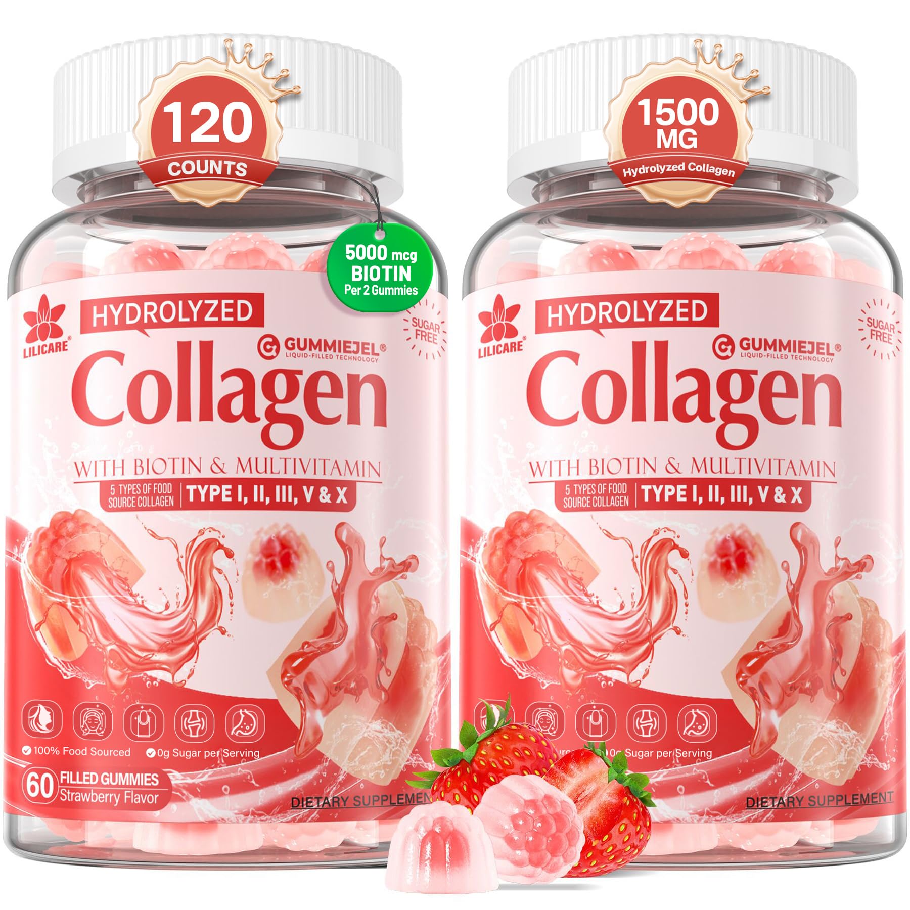 2Pack Sugar-Free Hydrolyzed Collagen Peptide Filled Gummies for Women & Men, with 1500mg Protein Type I,II,III,V,X, 5000mcg Biotin Vitamin C A E D3 B6 B12 for Immune Digestion Skin Hair Nails, Bone