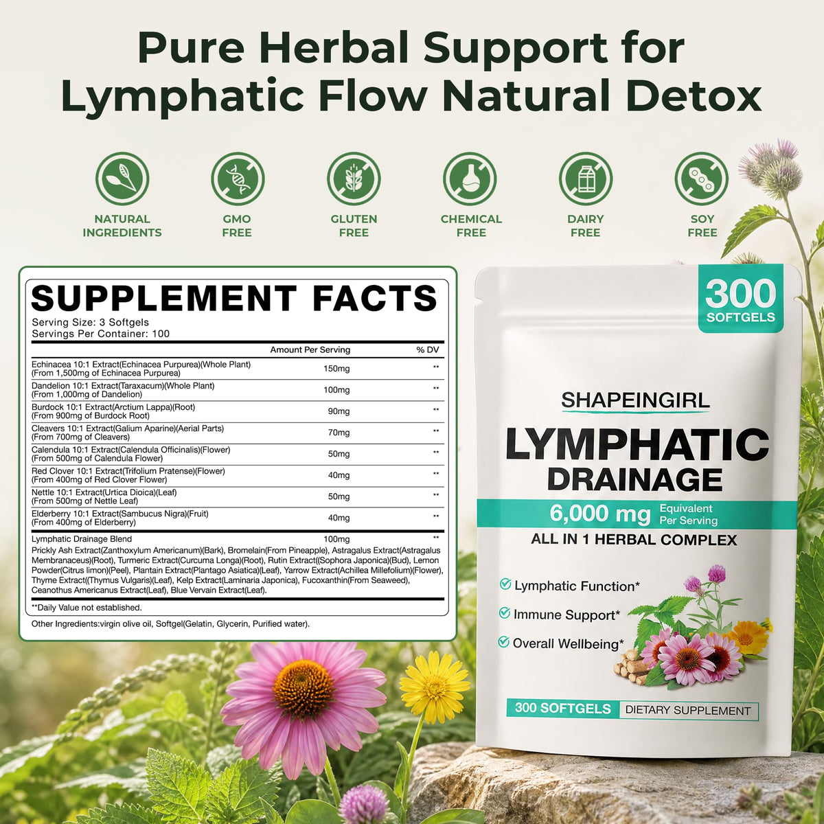Lymphatic Drainage Supplements - 300 Softgels | 21-in-1 Herbal Blend with Dandelion, Echinacea & Burdock Root | Supports Healthy Circulation & Fluid Balance | Daily Wellness for Men & Women
