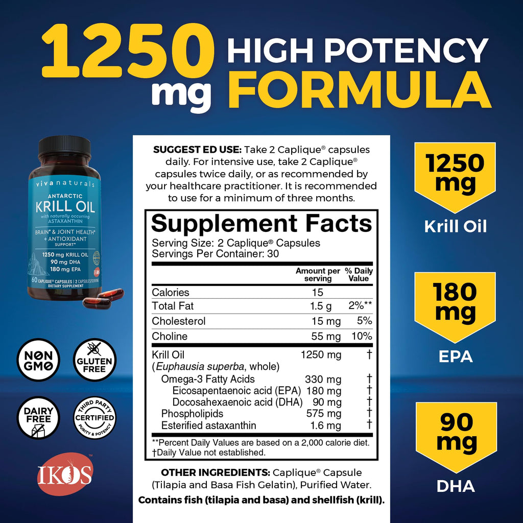 Viva Naturals Antarctic Krill Oil Omega 3 Supplements 1250 mg - DHA EPA Omega-3 & Astaxanthin Concentration for Joint Health, No Fish Burp - 60 Krill Oil Capsules