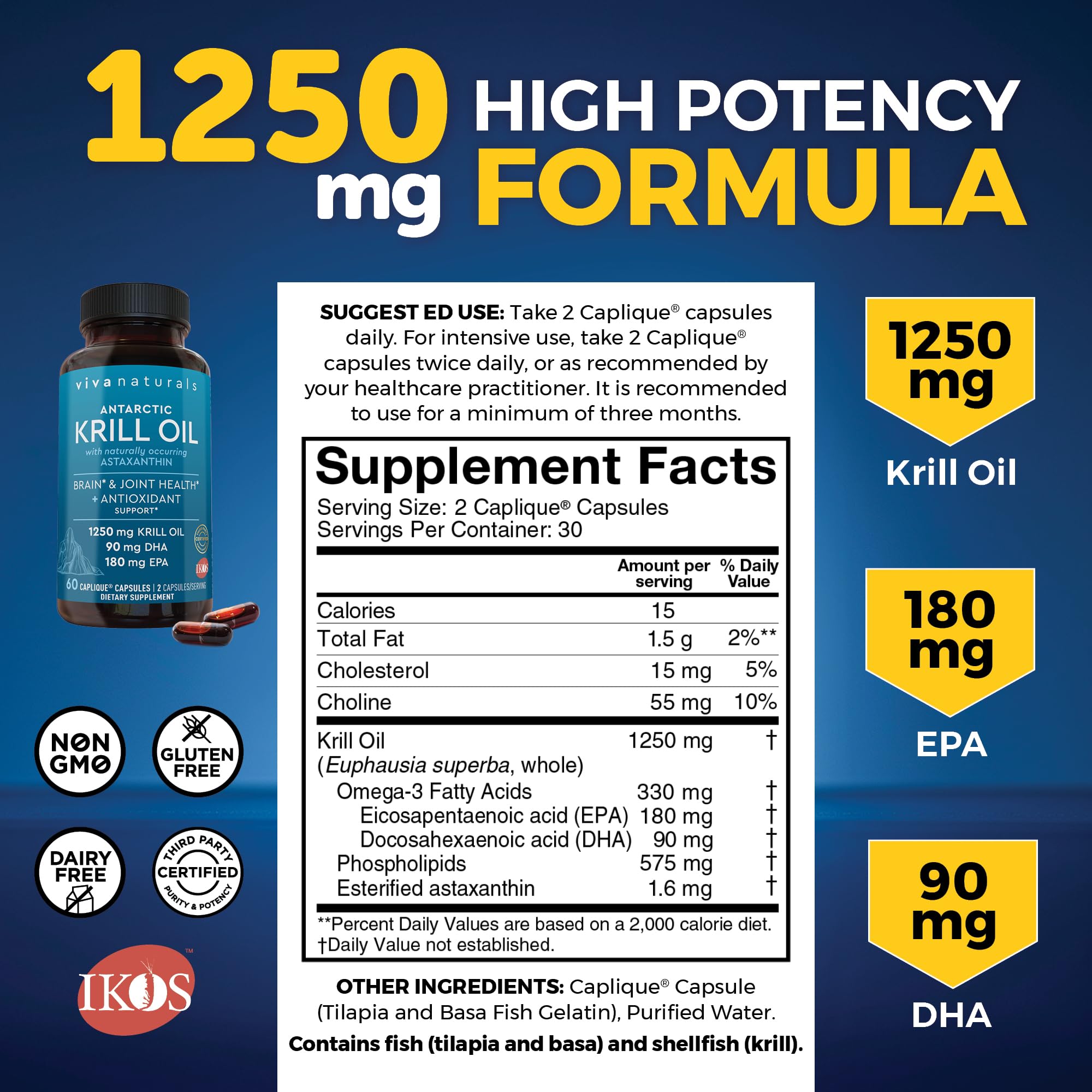 Viva Naturals Antarctic Krill Oil Omega 3 Supplements 1250 mg - DHA EPA Omega-3 & Astaxanthin Concentration for Joint Health, No Fish Burp - 60 Krill Oil Capsules