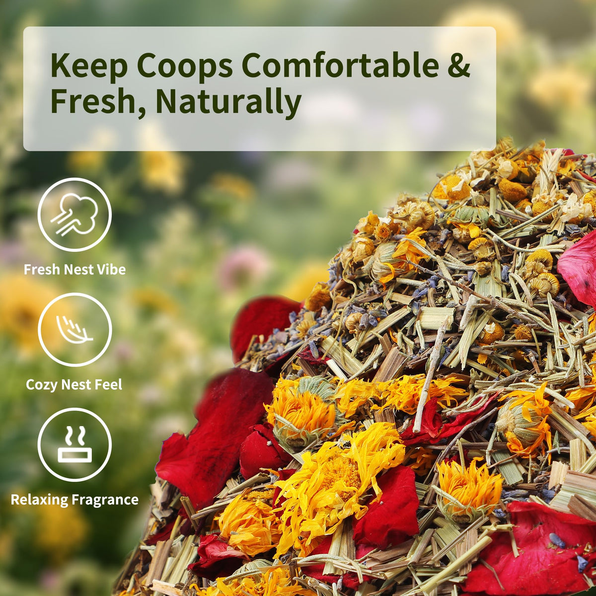 42 oz Chicken Nesting Herbs Flowers Vacuum-Packed,2.6 lb Premixed 7 Dried Herbs Natural Nesting Box Herbs for Freshening Coop Chicken Dust Bath Increase Egg Production