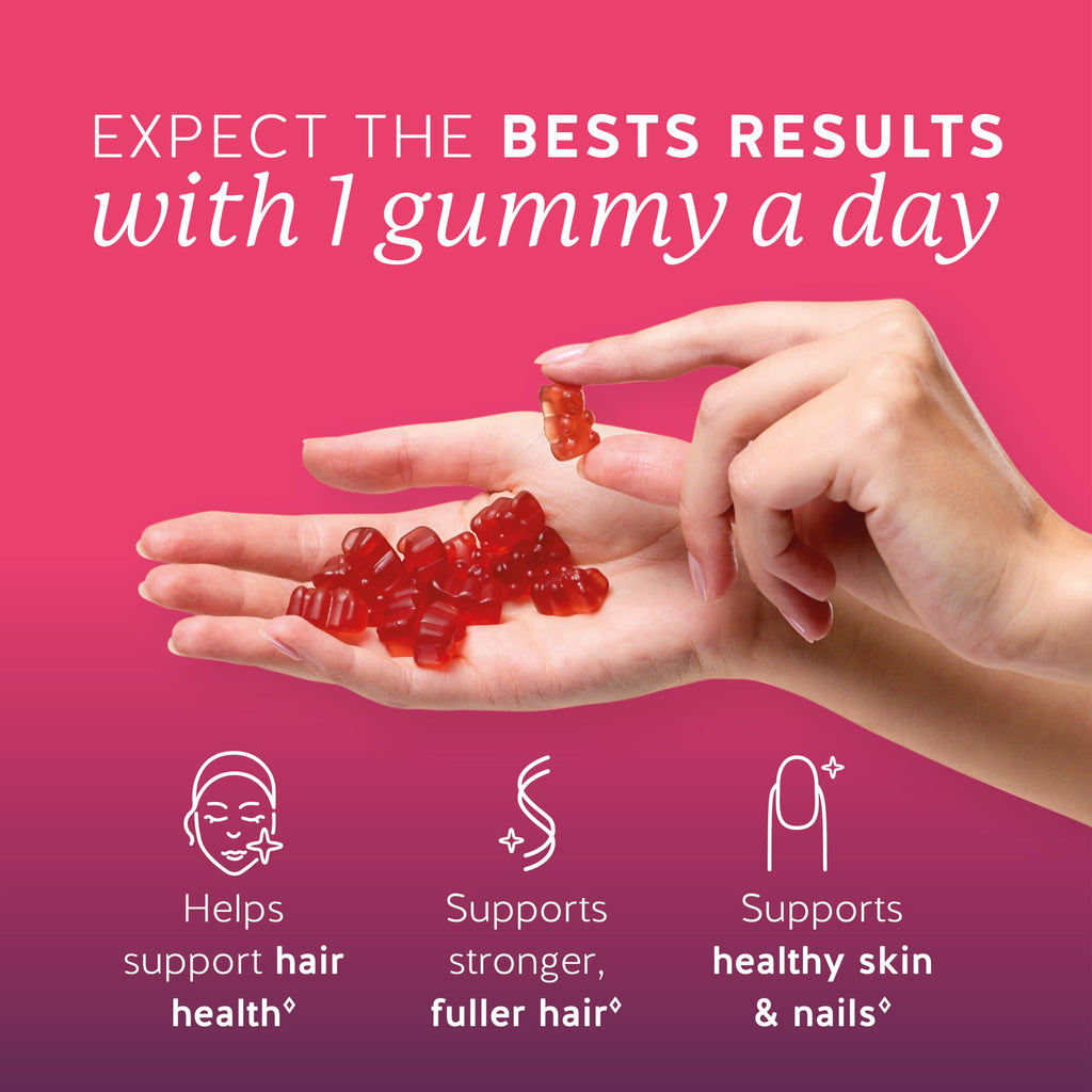 Bears with Benefits Biotin 5,000 mcg Hair Growth Gummies | Complete beauty formula with Vitamins C & E, Zinc and Iodine to support healthy hair, glowing skin and stronger nails.