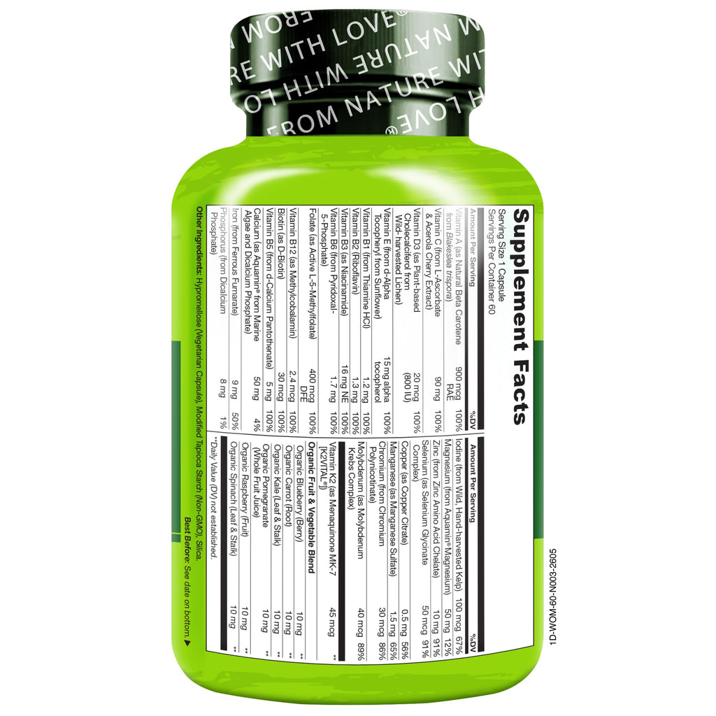 NATURELO One Daily Multivitamin for Women w/Vitamin B12, 60 Count | Energy Support, Whole Food Daily Women Multivitamin Supplement, Nourish Hair/Skin/Nail, Non-GMO, No Soy, Gluten Free