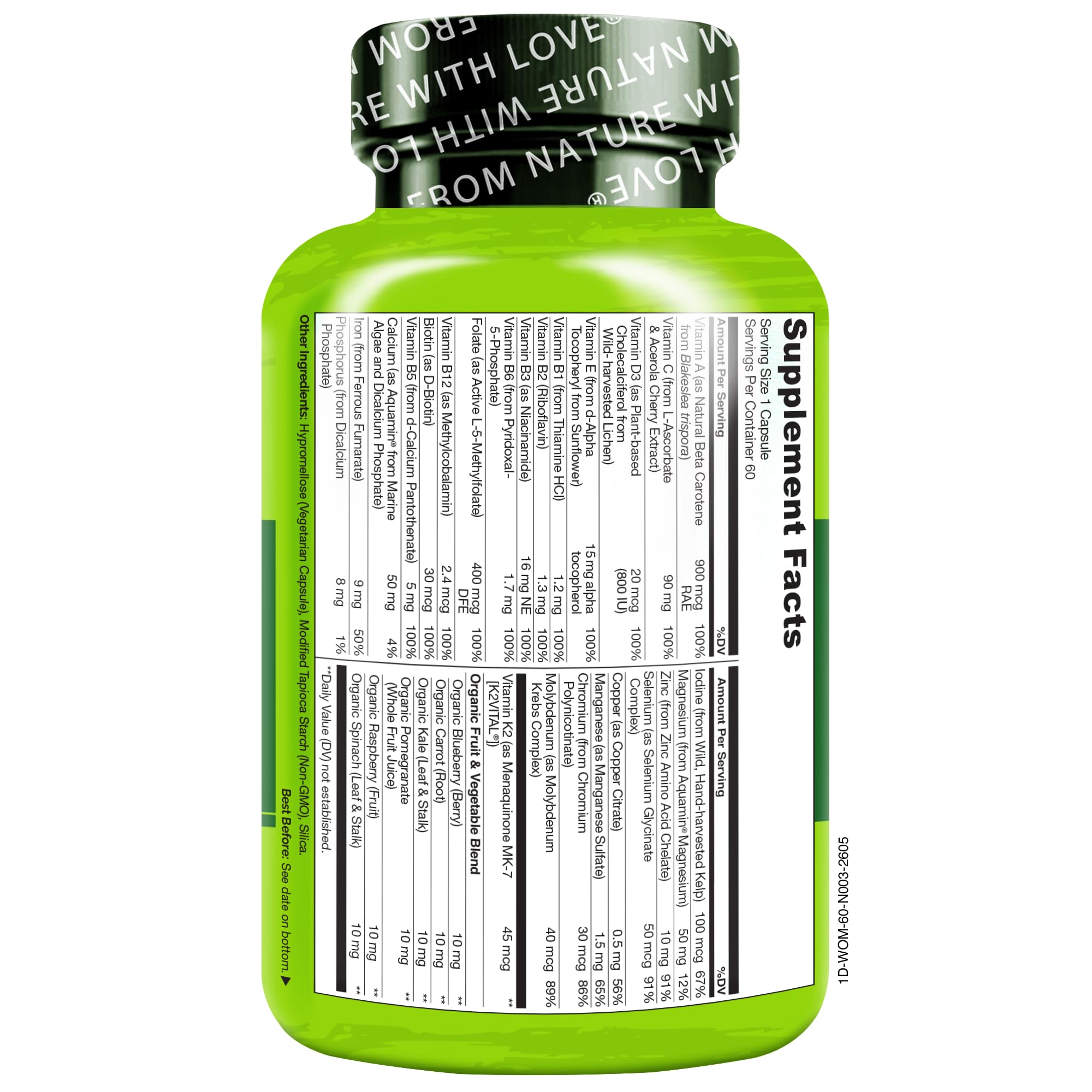 NATURELO One Daily Multivitamin for Women w/Vitamin B12, 60 Count | Energy Support, Whole Food Daily Women Multivitamin Supplement, Nourish Hair/Skin/Nail, Non-GMO, No Soy, Gluten Free