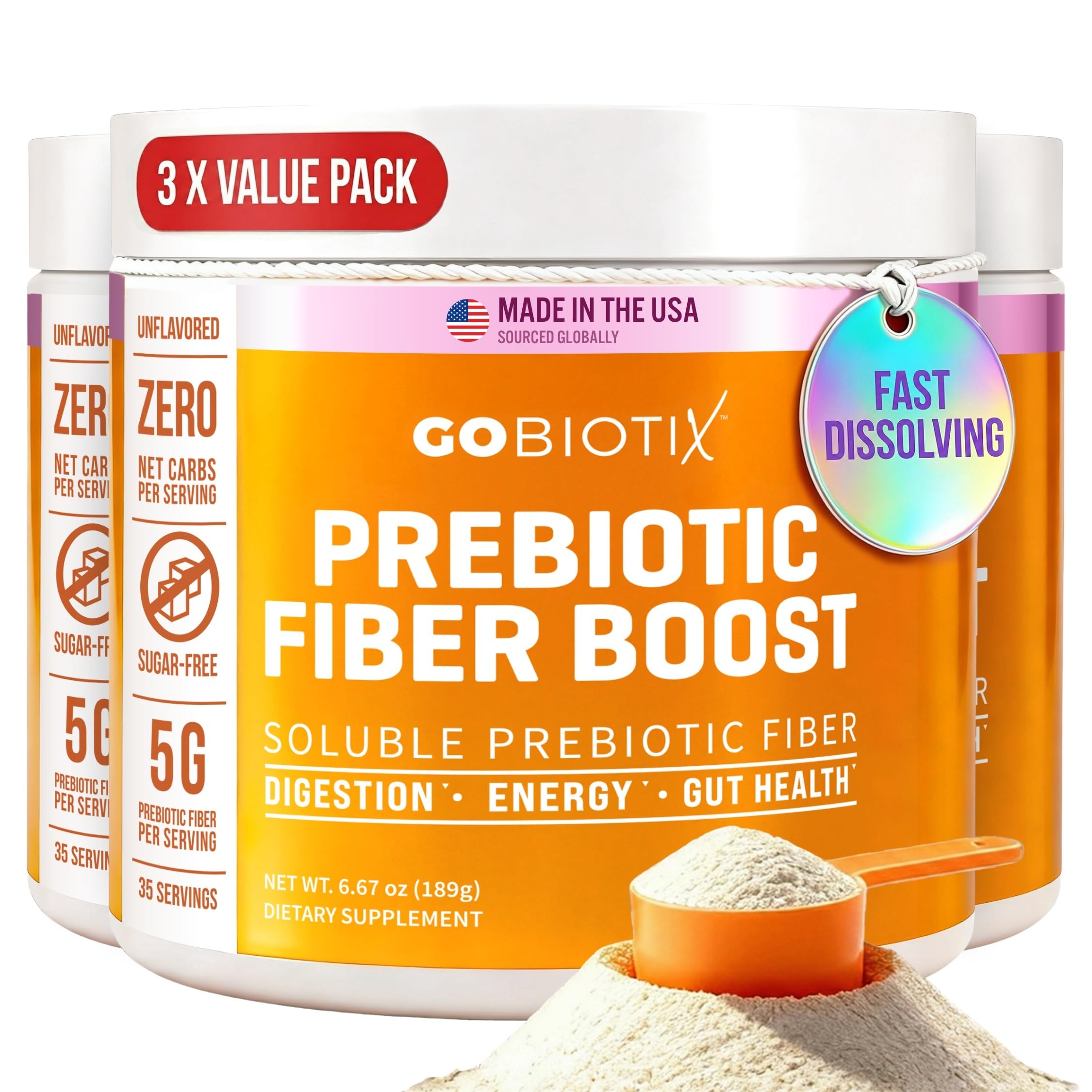 GoBiotix Fiber Supplement Powder with Prebiotics for Digestive Health and GLP-1 Support, Soluble Fiber for Gut Health & Debloat, Keto, Vegan, Gluten & Sugar Free, 20 Servings (Travel)