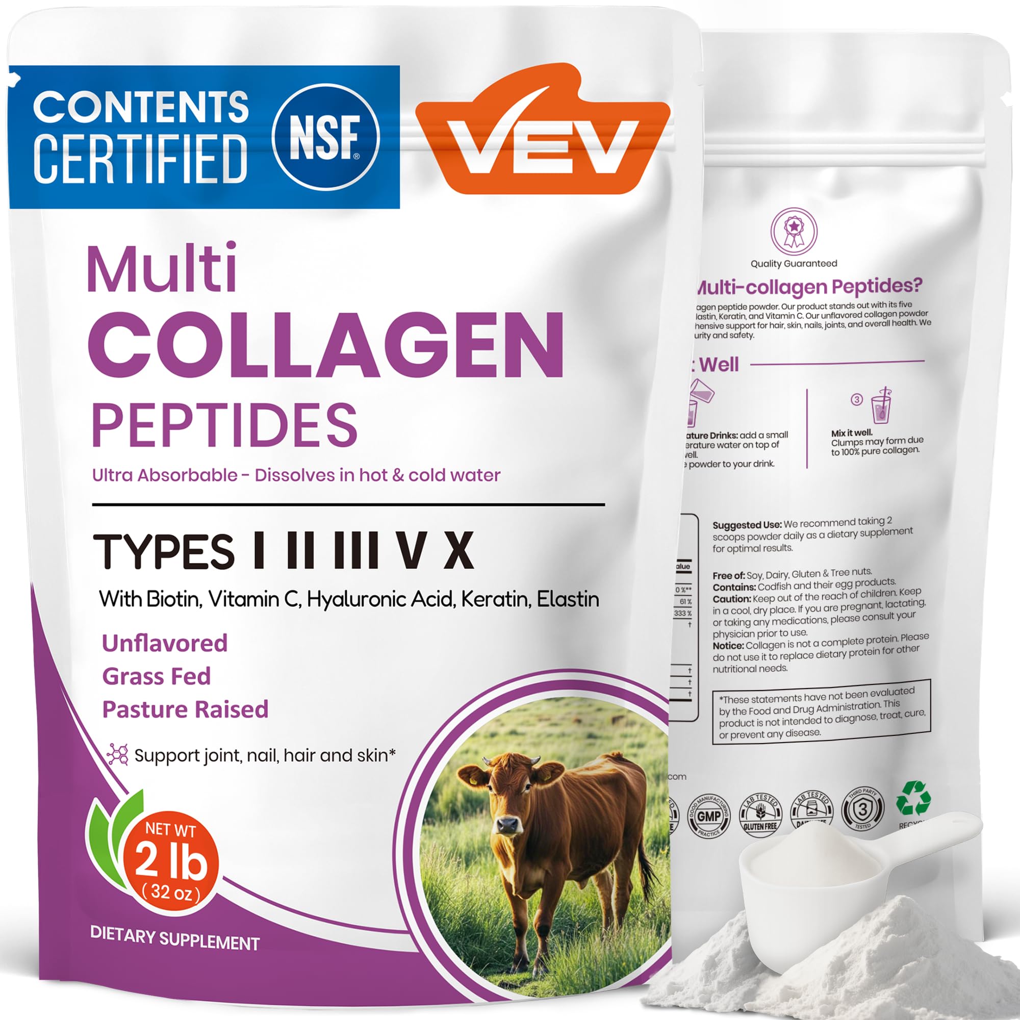 VEV Multi Collagen Peptides Powder, Types I, II, III, V & X, 41 Servings | NSF Certified, Hydrolyzed Collagen with Hyaluronic Acid, Biotin & Vitamin C, Unflavored, 16 oz
