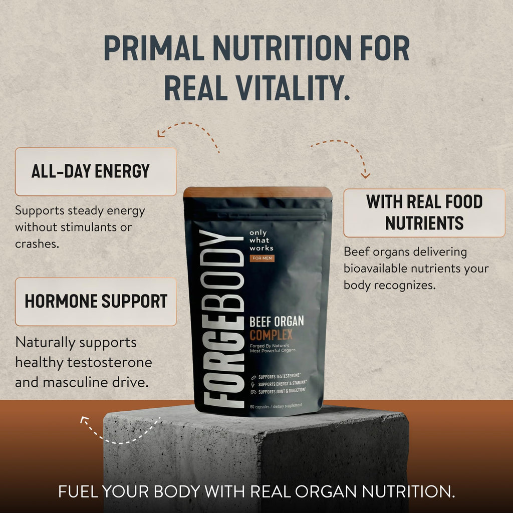 Forgebody Beef Liver & Organ Complex Supplement, Grass-Fed Liver, Heart, Bone Marrow, Pancreas, Testicles Ancestral Nutrition for Athletes and Active Men, Supports Energy + Recovery + Brain, 1 Month