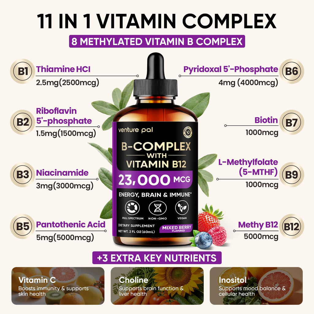 Vitamin B Complex 23000mcg - Methyl B12| B9 Folic|B7 Biotin,B1,B2,B3,B5,B6 | Vitamin B Complex Liquid Drops for Men & Women with Vitamin C, Choline & Inositol for Energy, Immune & Brain Support - 2Oz