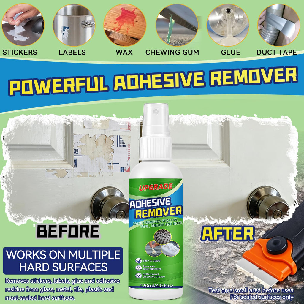 Adhesive Remover Spray Kit, 4 fl oz Sticker Remover for Labels, Glue, Residue, Tape, Decals, Fast Acting Glue Remover Includes Scraper and 10 Extra Plastic Razor Blades for Home, Car, Glass, Metal