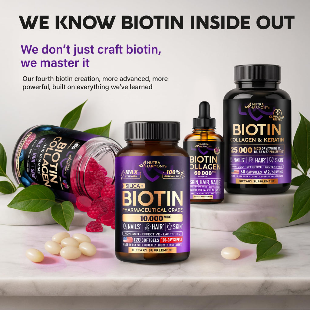 Liquid Biotin & Collagen 60,000mcg - Biotin for Hair Growth Support - 2 Oz | Liquid Collagen Supplement & Biotin - Extra Strength Drops for Women & Men - Strong Nails & Healthy Skin - Raspberry Flavor