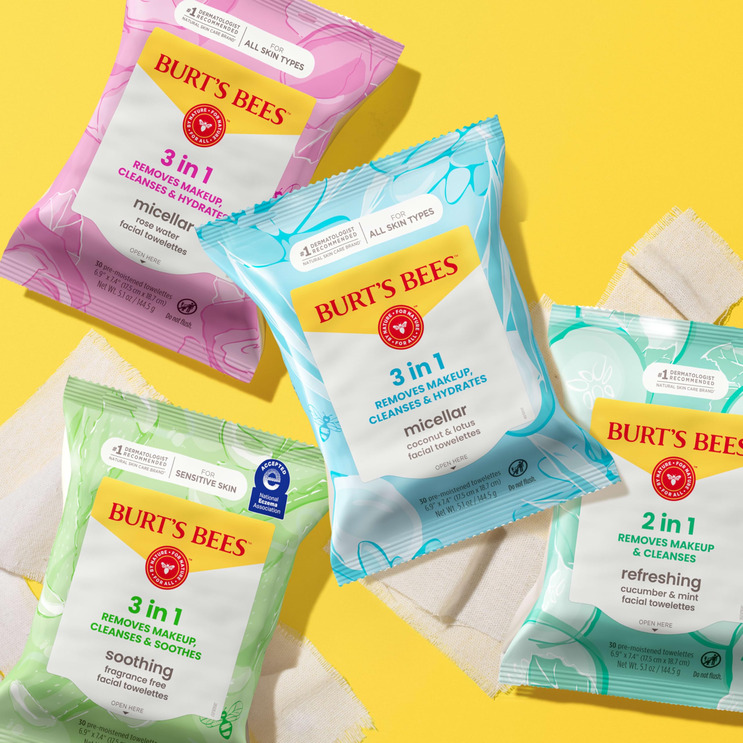 Burt's Bees Soothing Fragrance Free Facial Towelettes, 30 ct., | Plant Based Cloths, 99 Percent Natural Origin, Removes Make Up, Perfect for Sensitive Skin, All Skin Types