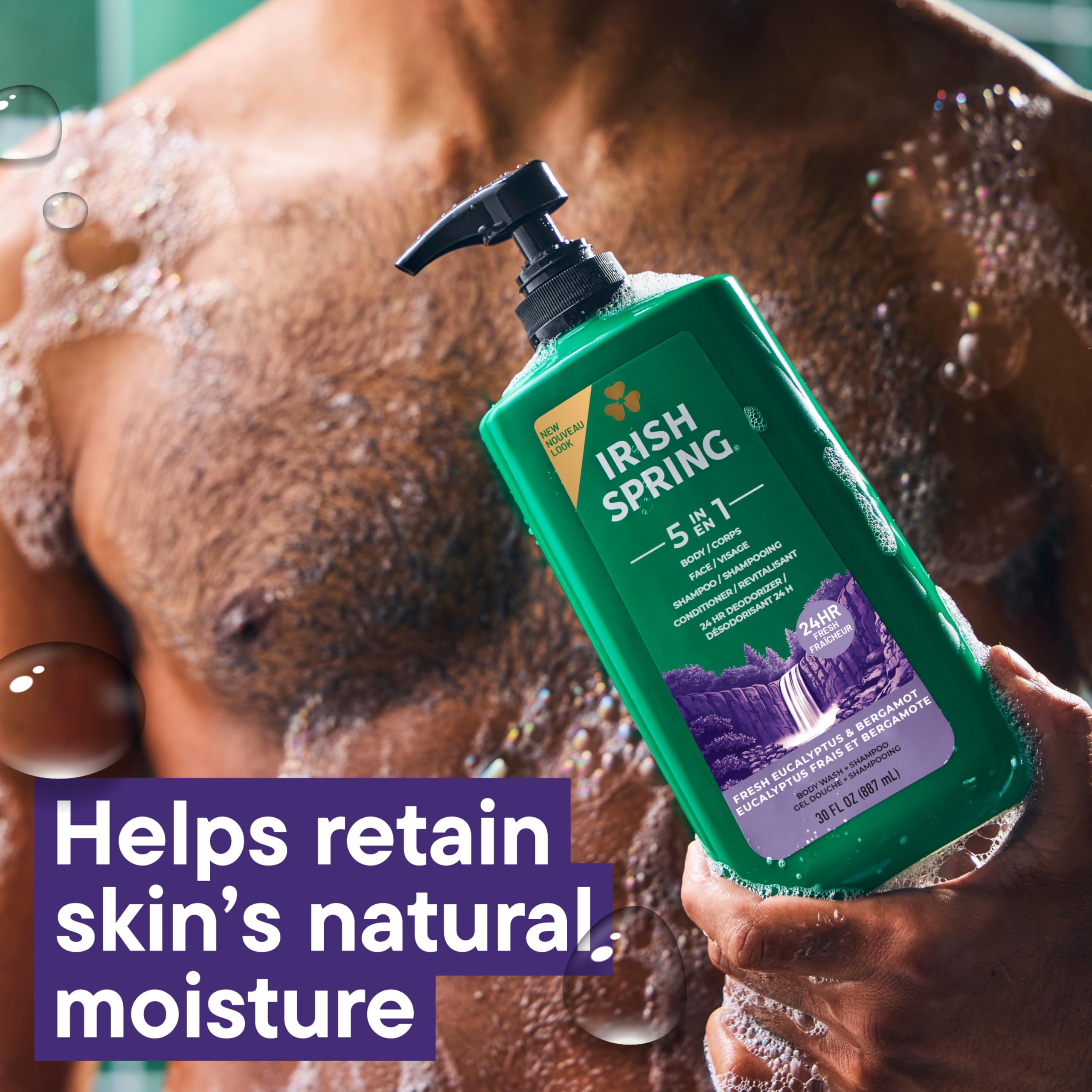 Buy now Irish Spring 5 in 1 Moisturizing Body Wash for Men, Shampoo, Conditioner, Body and Face Wash, and 24 Hour Deodorizer, Paraben-Free, Fresh Eucalyptus & Bergamot Scent, 20 fl oz at indiglob india