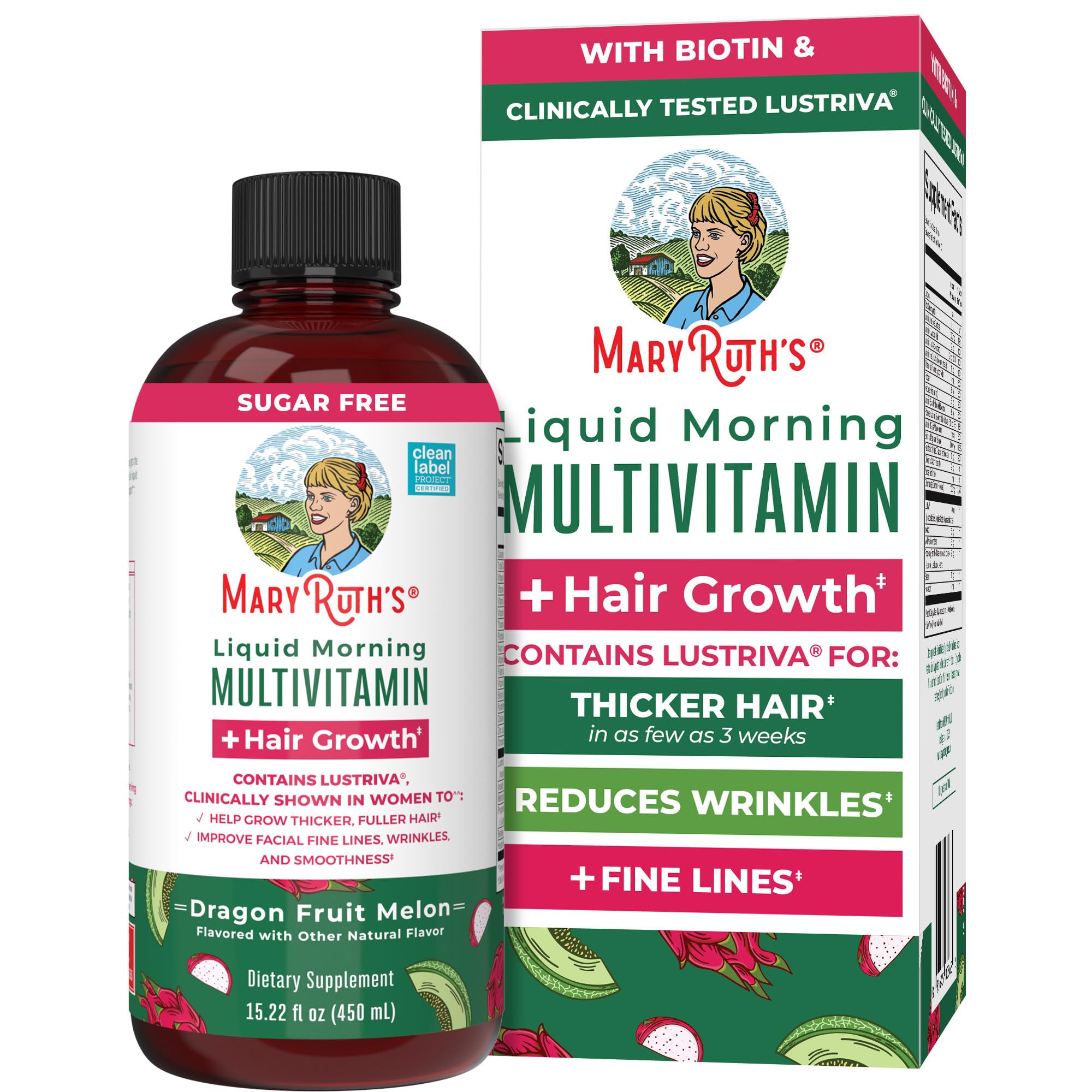 MARYRUTH'S Liquid Multivitamin + Hair Growth, Clinically Thicker Hair, 15oz | Clinically Tested in Women for Thicker Hair & Facial Wrinkles, Biotin 10000mcg, Lustriva Hair Growth Supplements, Skin Care