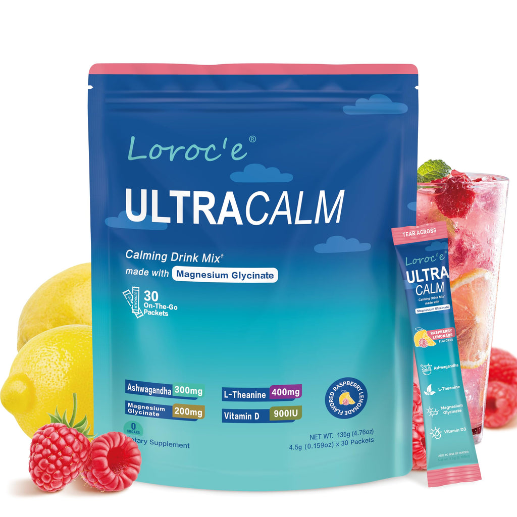 UltraCalm Super Cortisol Drink Mix - Raspberry Lemonade (2 x 30 Packets) | with Ashwagandha, Magnesium Glycinate & L-Theanine Supplement - Sleep and Relaxation Support