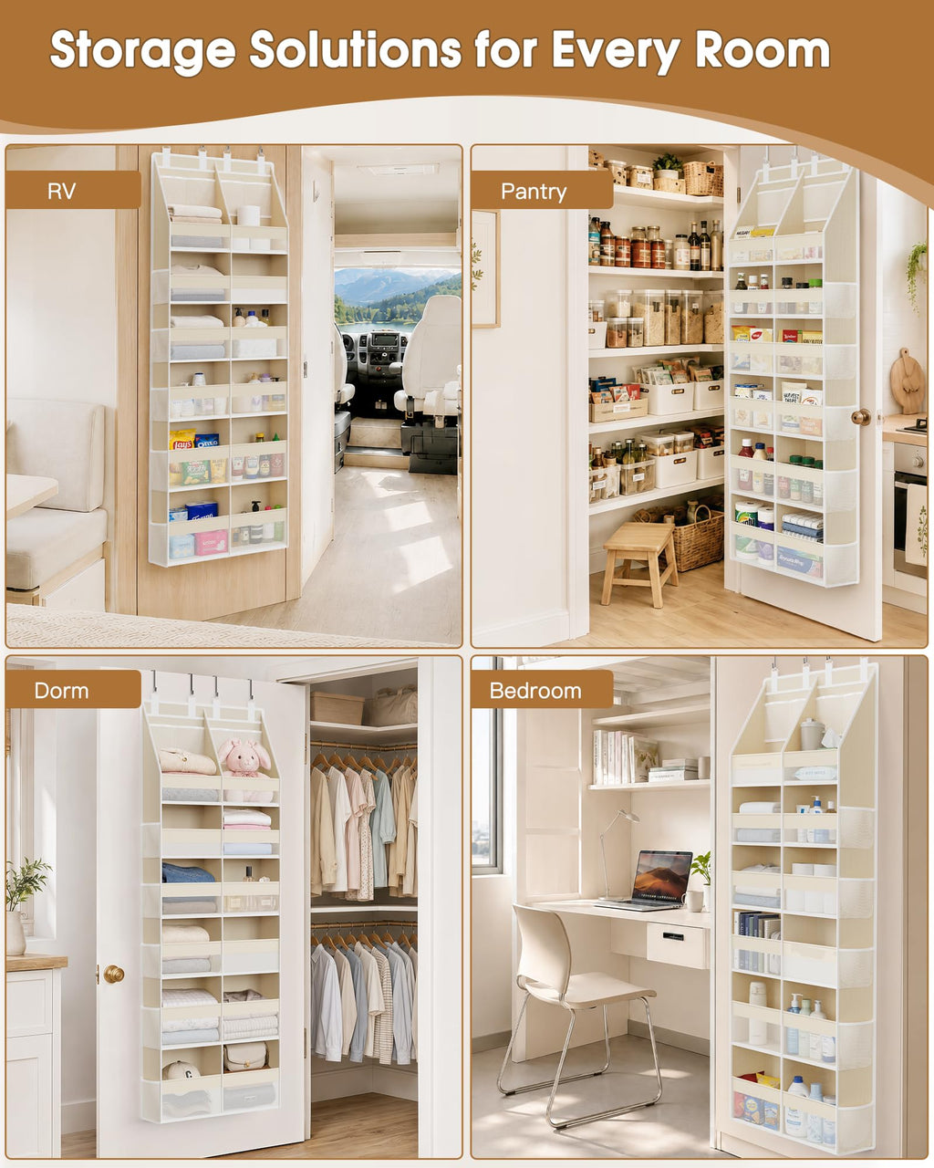 Criusia Over the Door Organizer, Extra Large 12 Compartments Closet Hanging Storage with 14 Mesh Pockets, 85lbs Capacity Behind the Door Storage for Baby Nursery, Bathroom, Bedroom, and Dorm, Beige