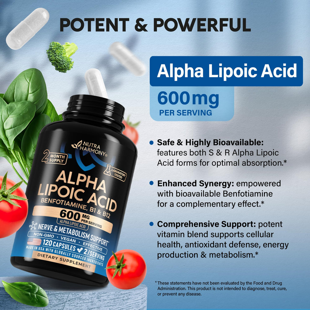 Alpha Lipoic Acid 600mg - ALA Supplement + Benfotiamine B1 & B12 - 120 Caps | Alpha Lipoic Acid - Antioxidant, Nerve, Energy & Metabolism Support for Men & Women - Lab Tested, NON-GMO, Vegan