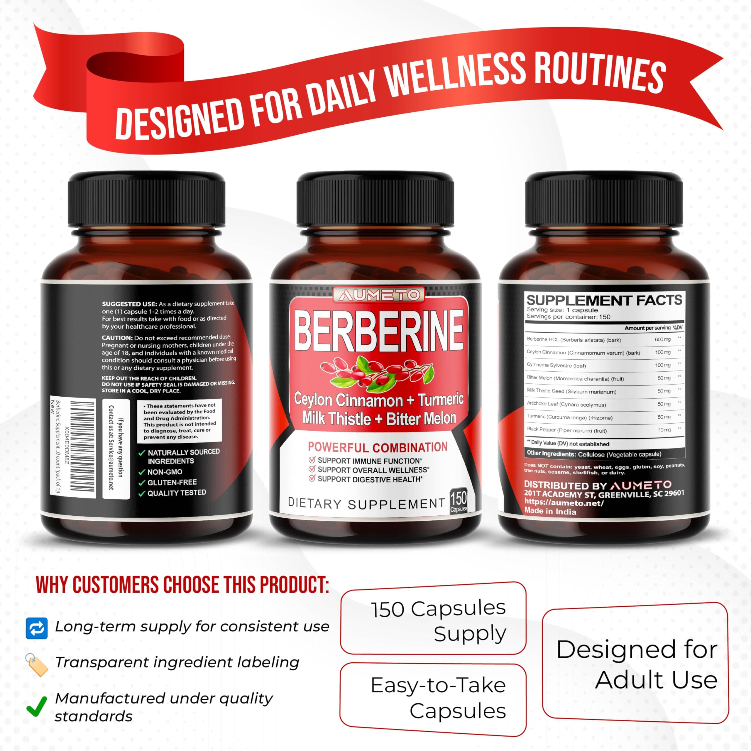 Berberine Supplement - Enhanced with Ceylon Cinnamon, Turmeric, Milk Thistle, Bitter Melon for Digestion, Immunity & Weight Managament (150 Count (Pack of 1))