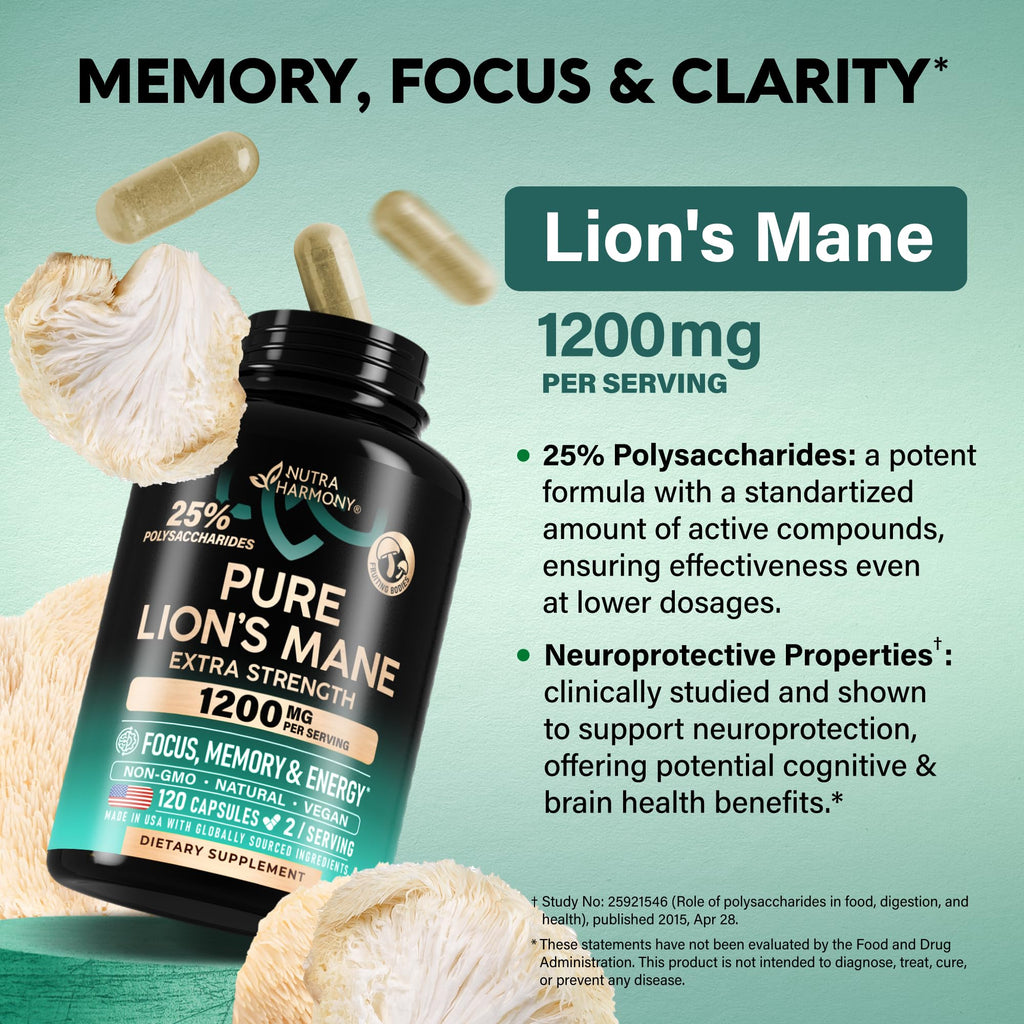 Lions Mane Supplement Capsules - Organic Lions Mane 1200 mg, 120 Vegan Caps | Pure Lion's Mane for Women & Men - Fruiting Bodies Extract, 25% Polysaccharides - Memory & Focus Support - As Lions Powder