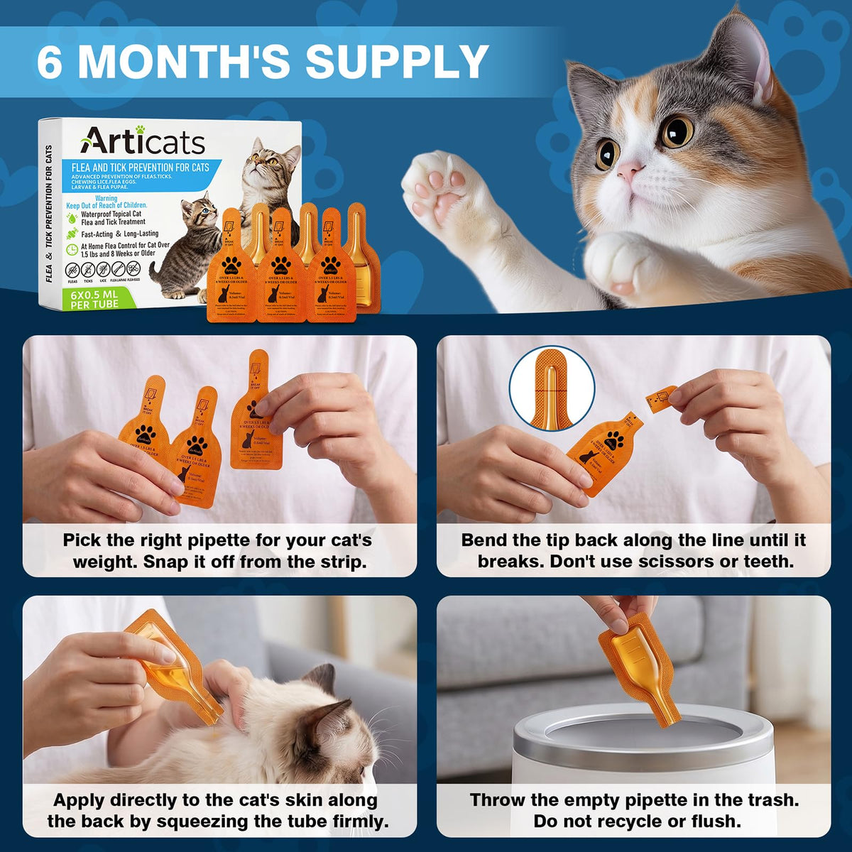 Flea and Tick Prevention for Cats & Kittens, Topical Cat Flea and Tick Treatment – Fast-Acting & Long-Lasting 6-Dose Supply