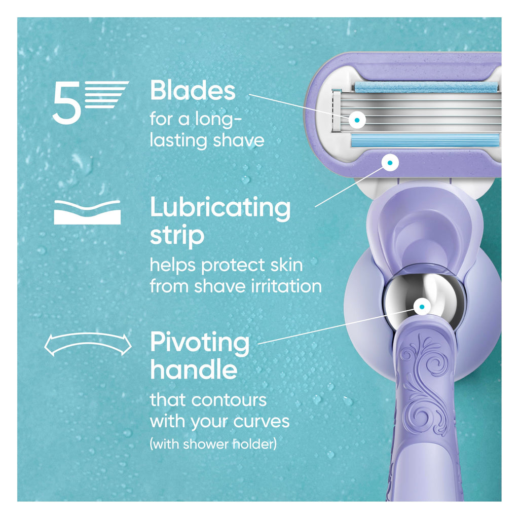 Gillette Venus Razor for Women, Extra Smooth Contour, Includes 1 Reusable Razor Handle + 4 Count 5-Bladed Razor Refills, with Flexiball Pivoting Handle and Shower Holder
