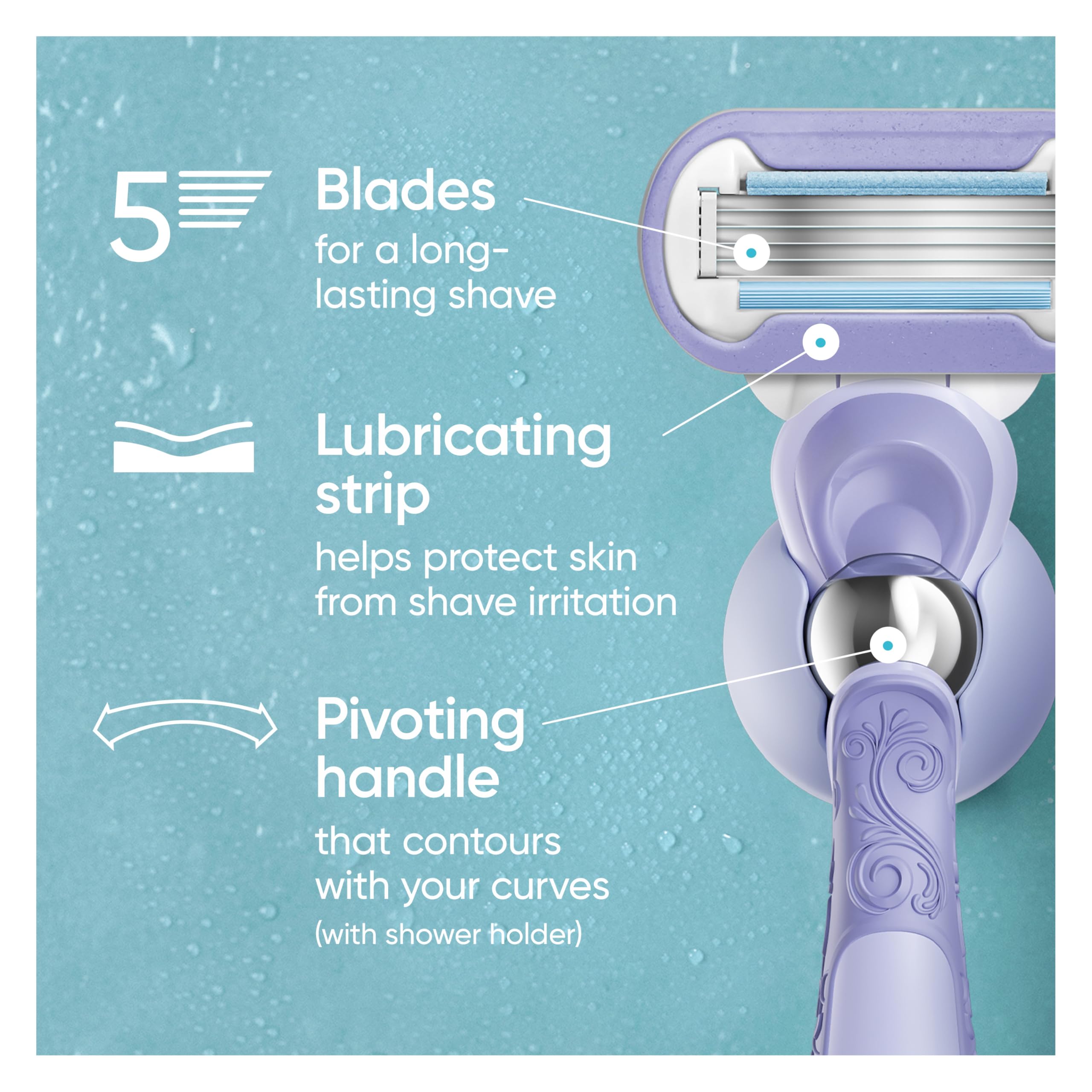 Gillette Venus Razor for Women, Extra Smooth Contour, Includes 1 Reusable Razor Handle + 4 Count 5-Bladed Razor Refills, with Flexiball Pivoting Handle and Shower Holder