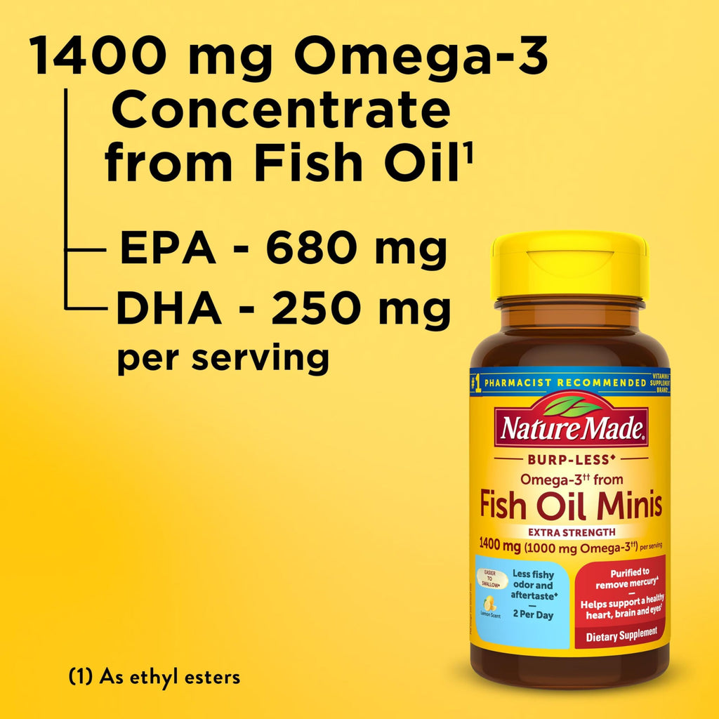 Nature Made Burp Less Fish Oil Omega 3, 1400 mg Minis, 60 Softgels | Extra Strength Dosage Omega 3 Supplements, Omega 3 Fish Oil as Ethyl Esters for Healthy Heart, Brain, Eye Support, 30 Days
