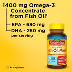 Nature Made Burp Less Fish Oil Omega 3, 1400 mg Minis, 60 Softgels | Extra Strength Dosage Omega 3 Supplements, Omega 3 Fish Oil as Ethyl Esters for Healthy Heart, Brain, Eye Support, 30 Days